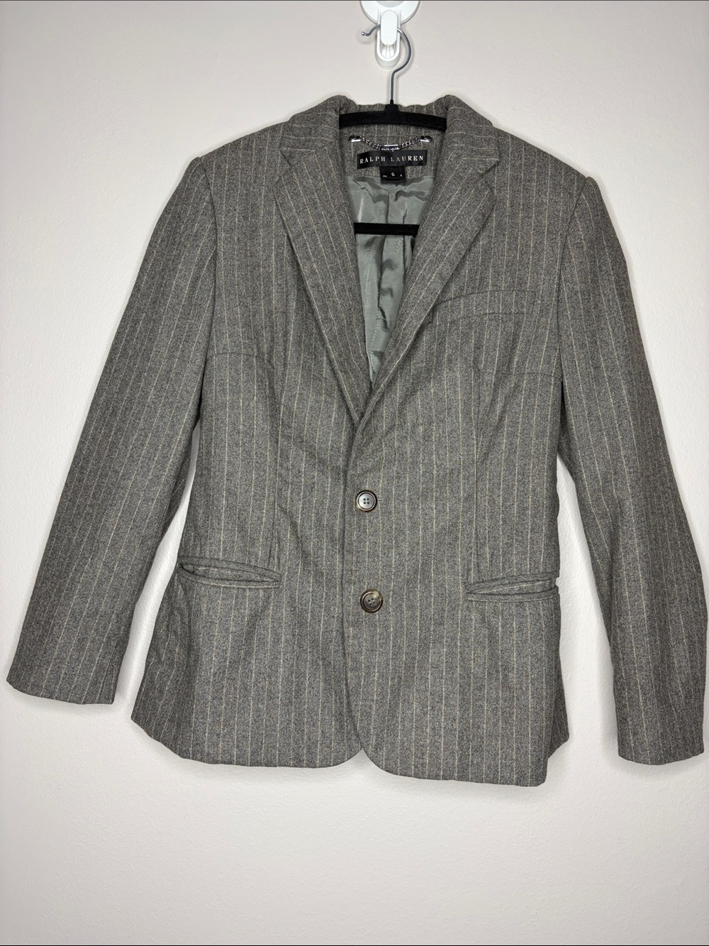 Vintage 90s Ralph Lauren Grey Pinstripe Wool Blazer - Size 6 - Made in USA
